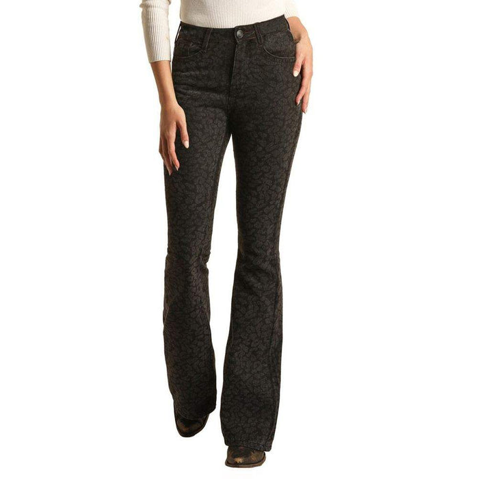 Rock & Roll Denim Womens Black Cheetah Flare Jeans