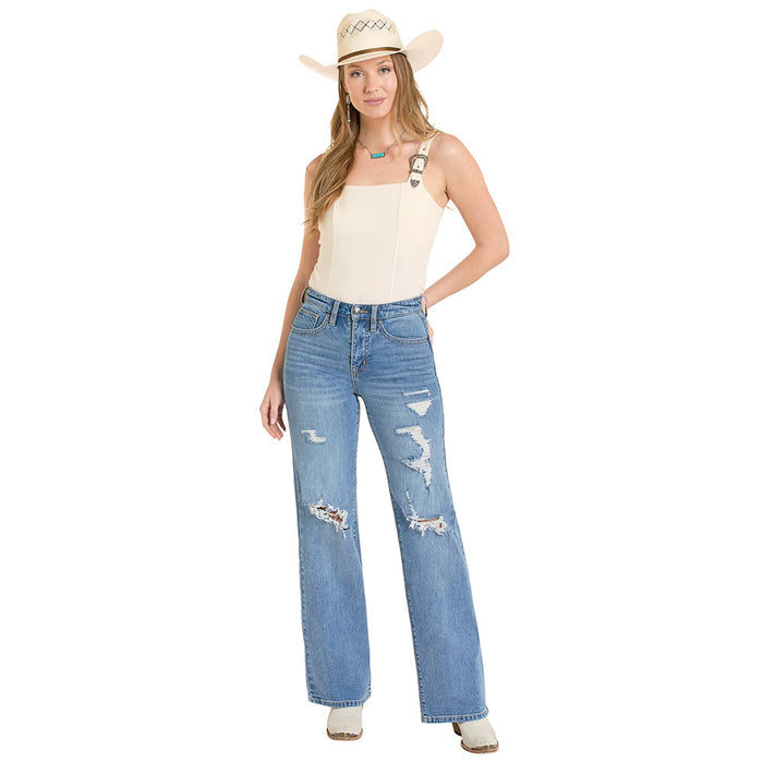 Rock & Roll Denim Women's Distressed Relaxed Wide Leg Jeans