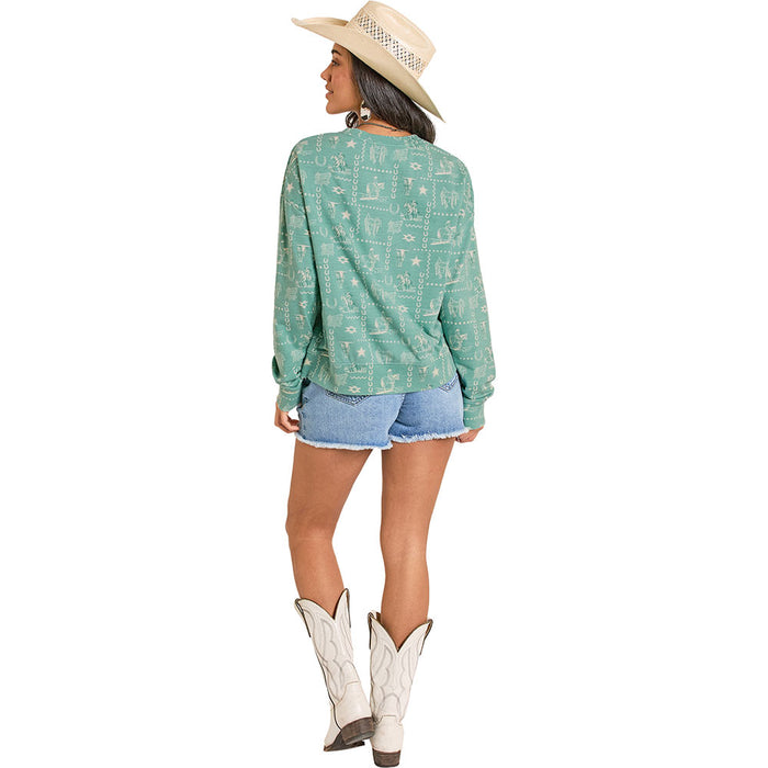 Rock & Roll Denim Women's Turquoise Conversational Pullover