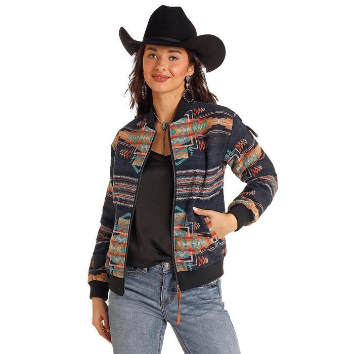 Rock & Roll Denim N Womens Charcoal Aztec Bomber Jacket
