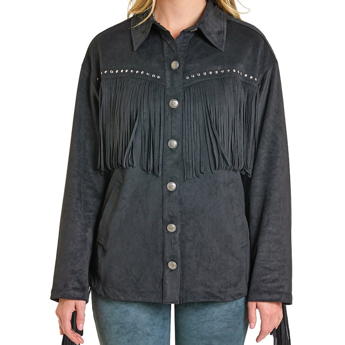 Rock & Roll Denim Women's Black Fringe Microsuede Shacket