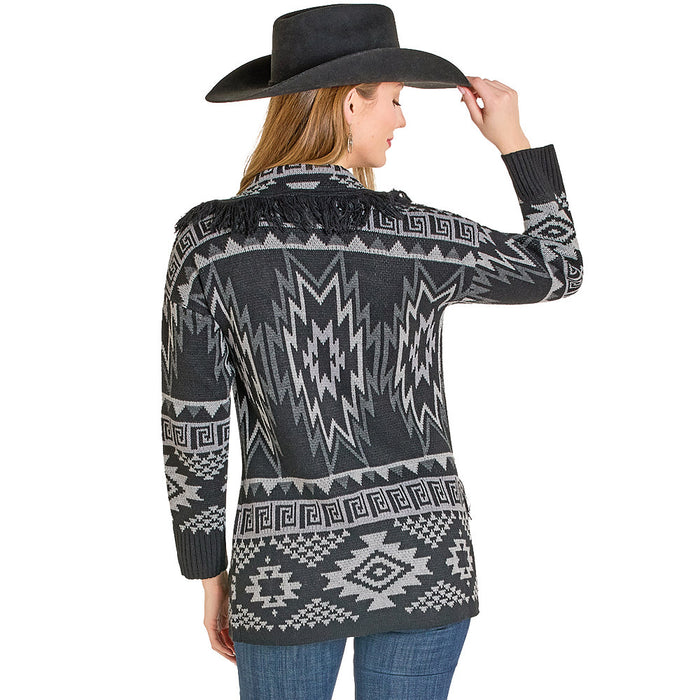 Rock & Roll Denim Women's Black Aztec Fringe Cardigan