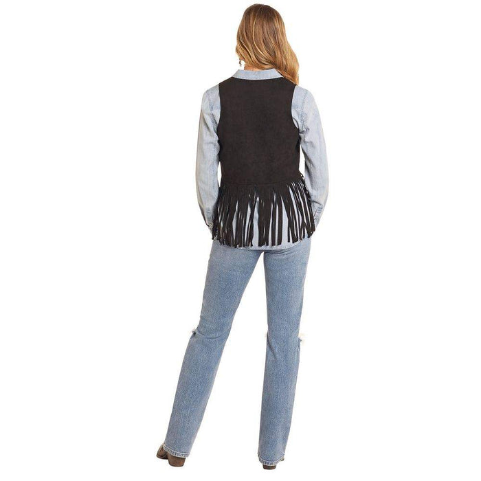 Rock & Roll Denim n Women's Black Studded Fringe Vest