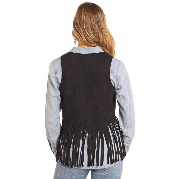 Rock & Roll Denim n Women's Black Studded Fringe Vest
