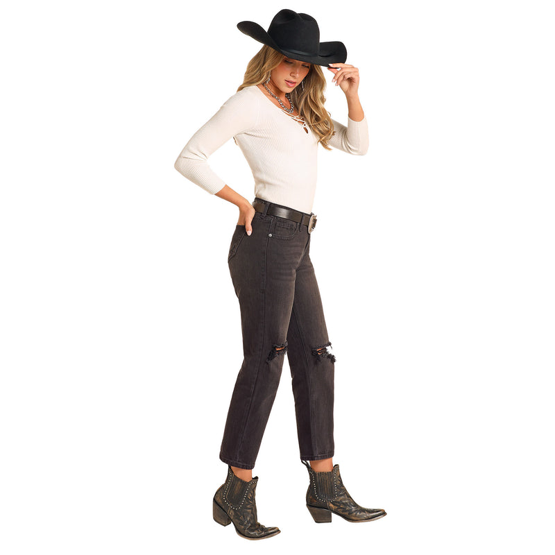 Rock & Roll Denim and High Rise Black Distressed Cropped Jeans