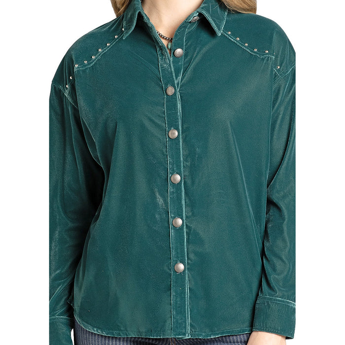 Rock & Roll Denim Women's Teal Velvet Studded Shirt