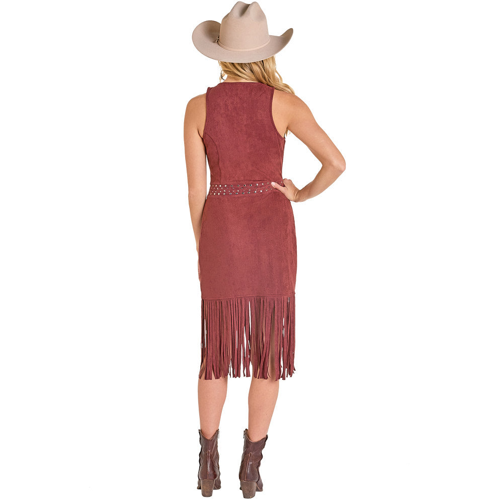 Rock & Roll Denim Women's Faux Suede Fringe Belted Sleeveless Midi Dre