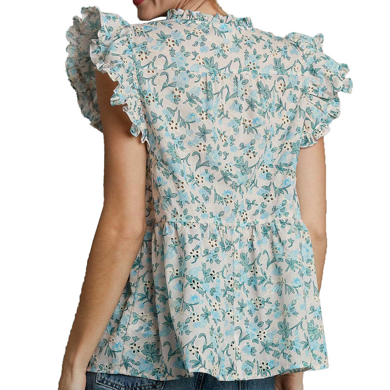 Umgee Usa Inc. Women's Blue Eyelet Floral Baby Doll Top