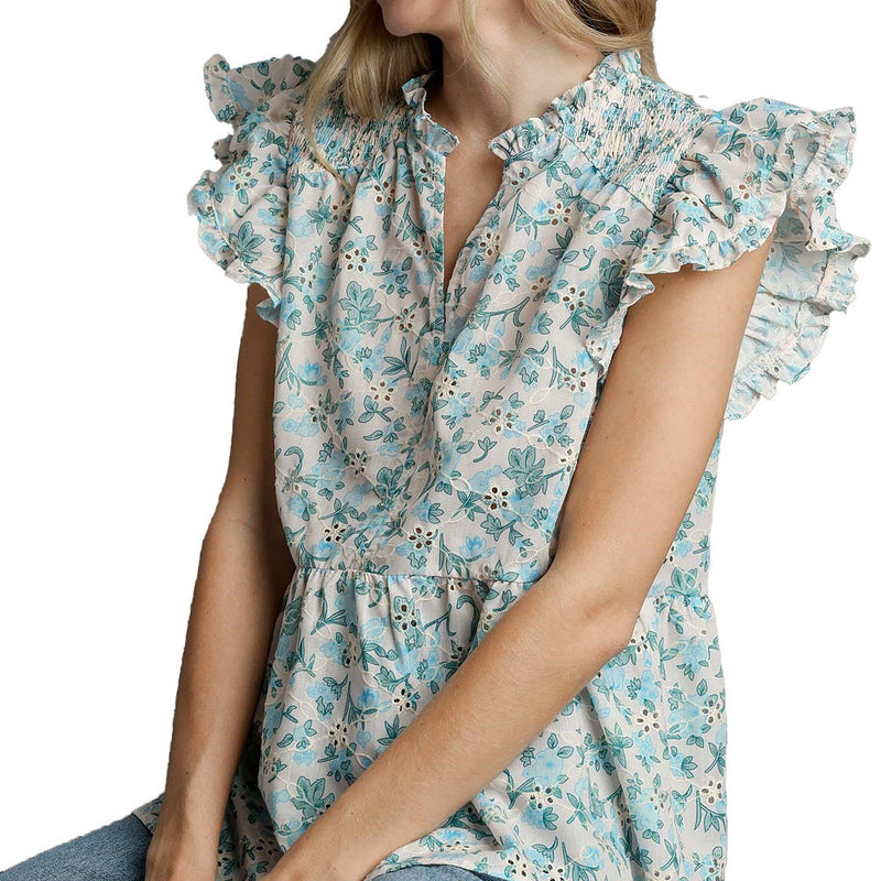 Umgee Usa Inc. Women's Blue Eyelet Floral Baby Doll Top