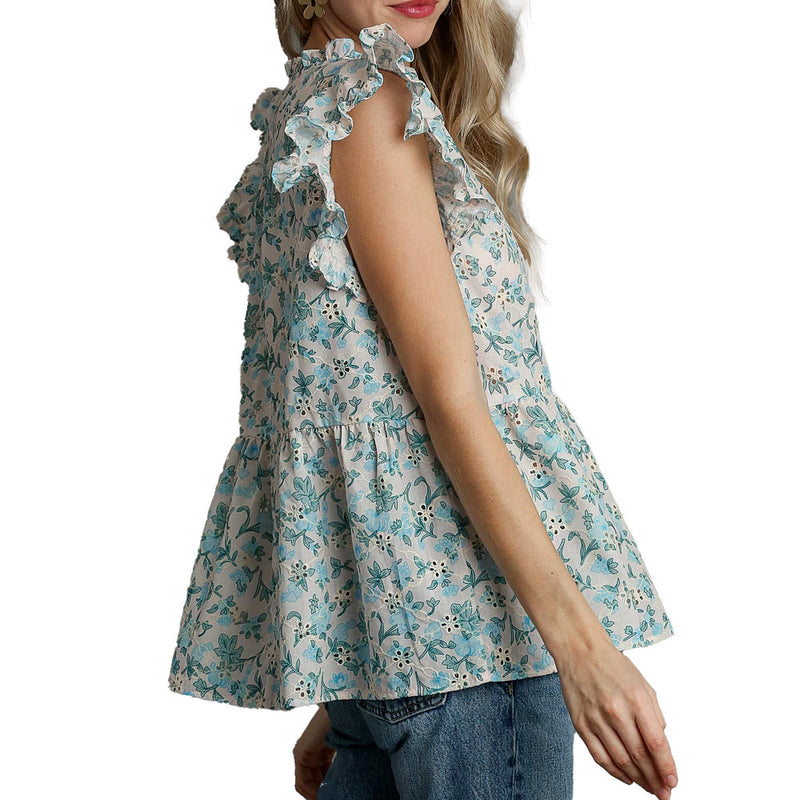 Umgee Usa Inc. Women's Blue Eyelet Floral Baby Doll Top