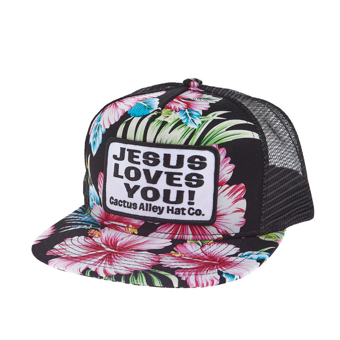 Cactus Alley Hat Co Black Floral Jesus Loves You Cap
