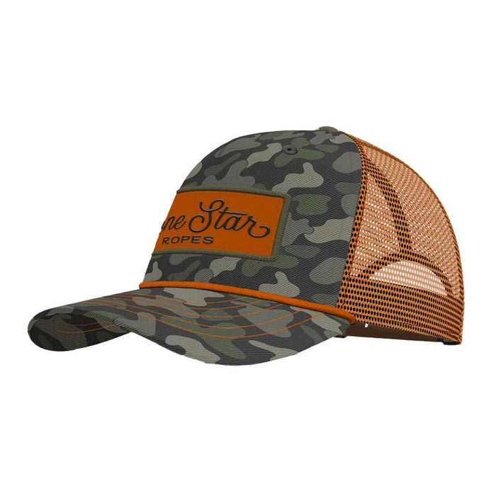 Lone Star Ropes Dark Duck Camo and Orange Script Trucker Cap