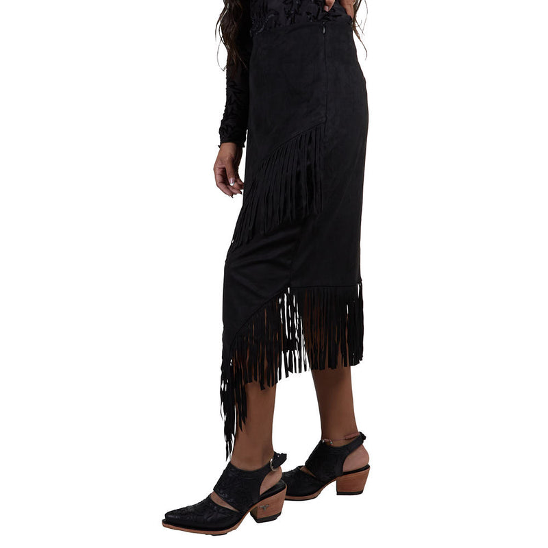 Cruel Denim Women's Black Fringe Faux Suede Skirt