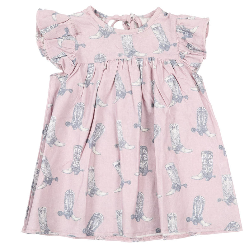 Cowkid Clothing Company Infant Girl's Dusty Rose Boot Print Dress with Bow