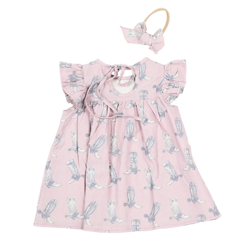 Cowkid Clothing Company Infant Girl's Dusty Rose Boot Print Dress with Bow