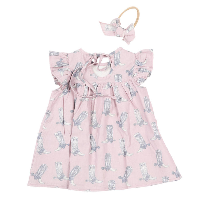 Cowkid Clothing Company Infant Girl's Dusty Rose Boot Print Dress with Bow