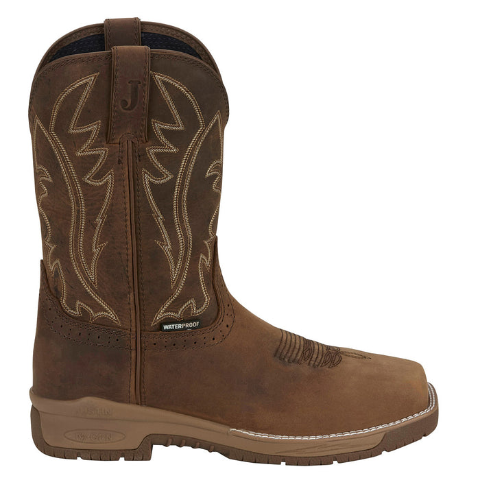 Justin Boot Company Men`s Commander 11In Brown Pull On H2O Square Soft Toe Work Boot