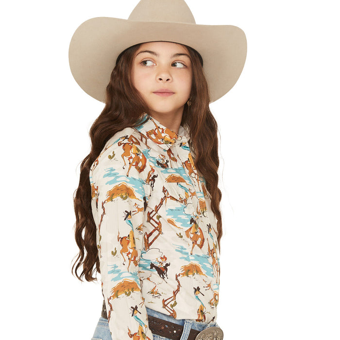 Cruel Denim Girl's Cream Print Western Pearl Snap Long Sleeve