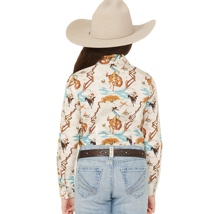 Cruel Denim Girl's Cream Print Western Pearl Snap Long Sleeve