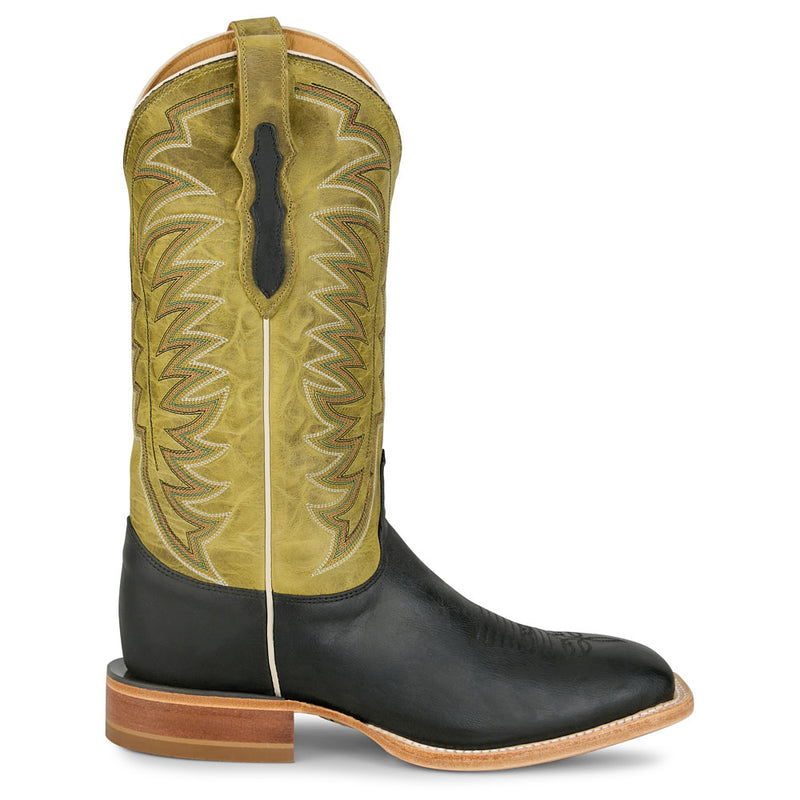 Justin Boot Company Mens Burchett Black Goat Vamp 13In Green Cowhide Top Boot