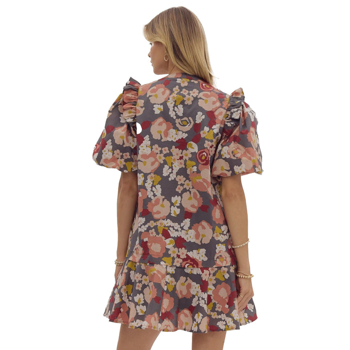 Entro Women's Charcoal Floral Print Mini Dress Entro Women's Charcoal Floral Print Mini Dress