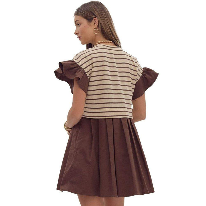 Entro Women's Brown Stripe Ruffle Sleeve Dress Entro Women's Brown Stripe Ruffle Sleeve Dress