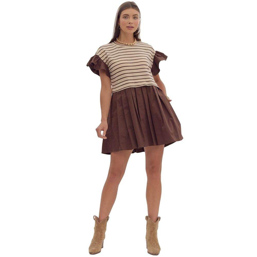 Entro Women's Brown Stripe Ruffle Sleeve Dress Entro Women's Brown Stripe Ruffle Sleeve Dress