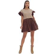Entro Women's Brown Stripe Ruffle Sleeve Dress