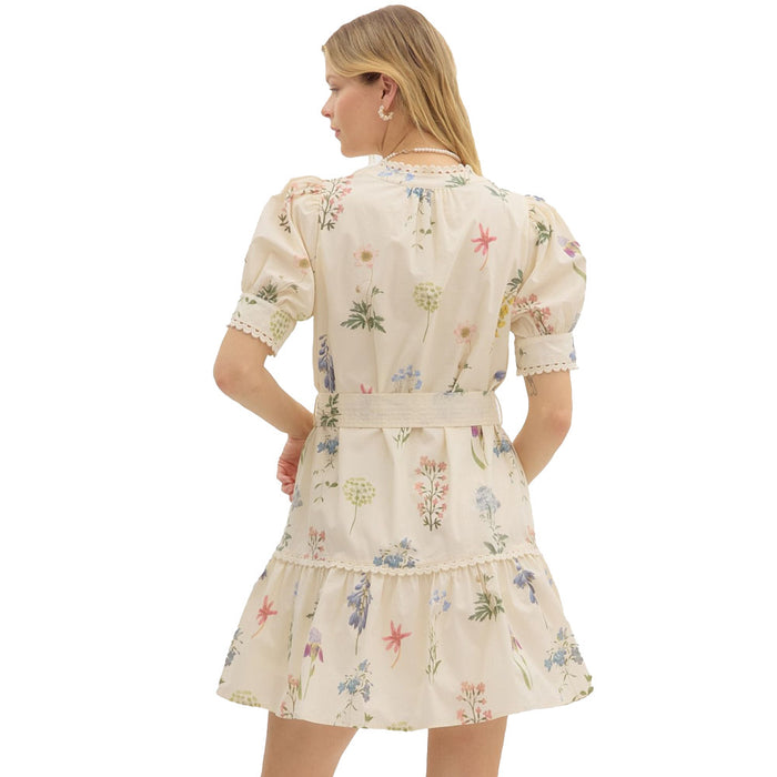 Entro Women's Cream Floral Self Belt Mini Dress Entro Women's Cream Floral Self Belt Mini Dress