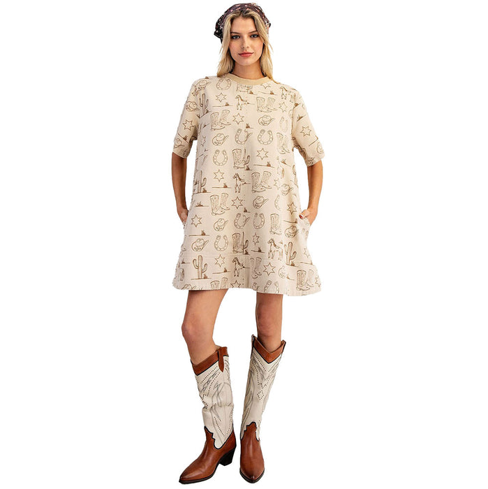 Ee Some Women's Almond Latte Western Print Mini Dress