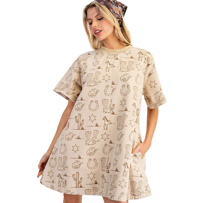 Ee Some Women's Almond Latte Western Print Mini Dress