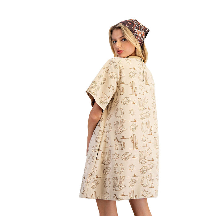 Ee Some Women's Almond Latte Western Print Mini Dress