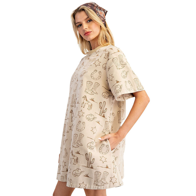 Ee Some Women's Almond Latte Western Print Mini Dress