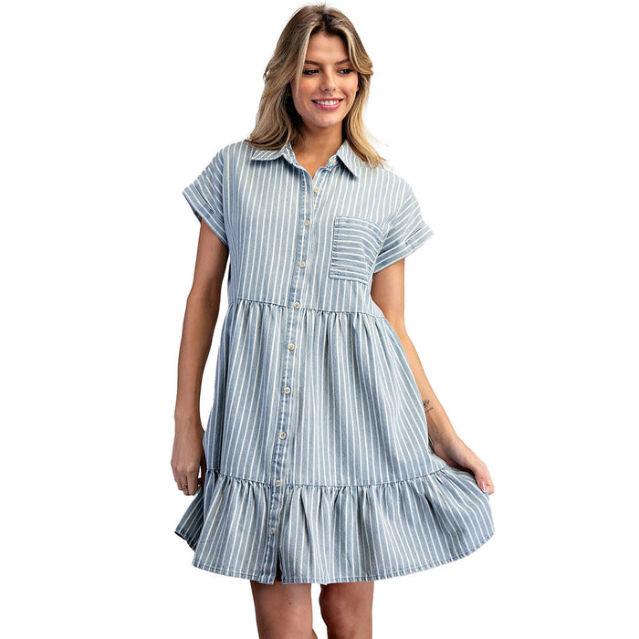 Ee Some Women's Chambray Striped Tiered Mini Dress