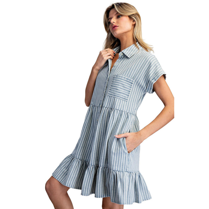 Ee Some Women's Chambray Striped Tiered Mini Dress