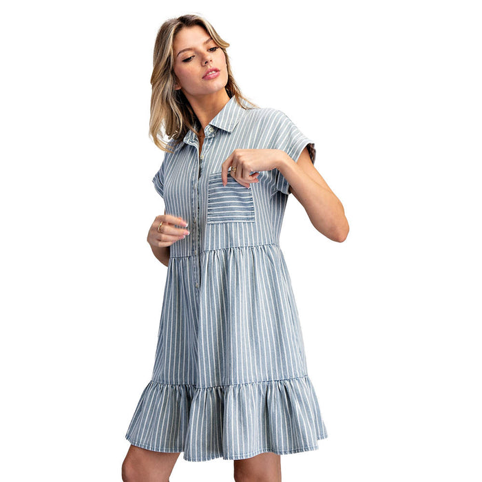 Ee Some Women's Chambray Striped Tiered Mini Dress