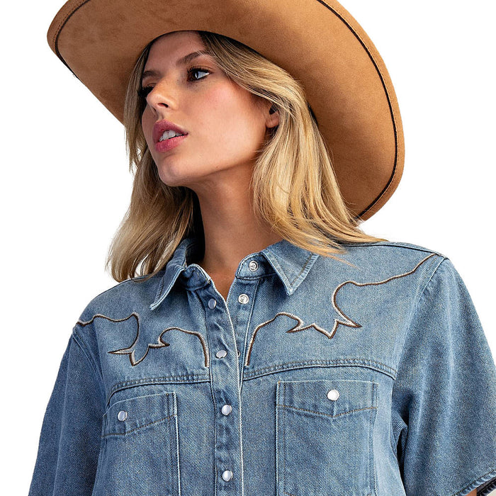 Ee Some Women's Denim Western Yoke Stitch Mini Dress
