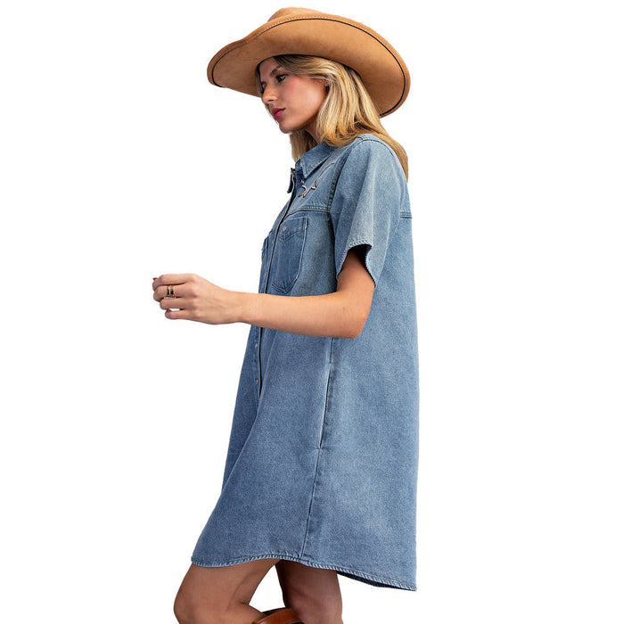 Ee Some Women's Denim Western Yoke Stitch Mini Dress