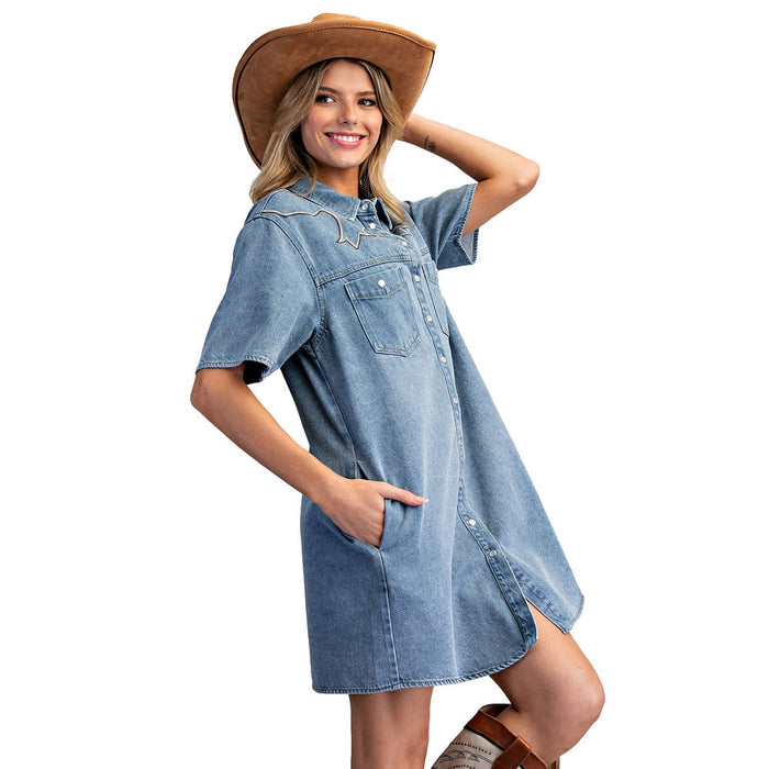 Ee Some Women's Denim Western Yoke Stitch Mini Dress