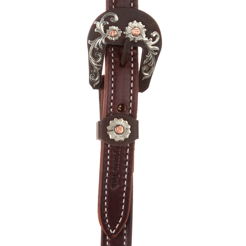 Cowperson Tack Stitched Dark Leather 3/4in.Slit Ear Headstall with Antique Iron Flower Heel Buckle