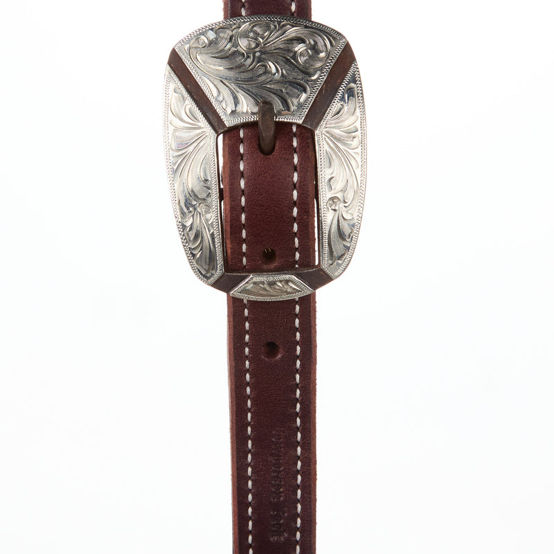 Cowperson Tack Stitched Dark Leather 3/4in.Slit Ear Headstall with Antique Iron Engraved Silver