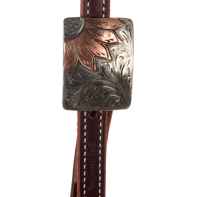 Cowperson Tack Stitched Dark Leather 5/8in.Slot Ear Headstall with Copper Sunflower Buckle