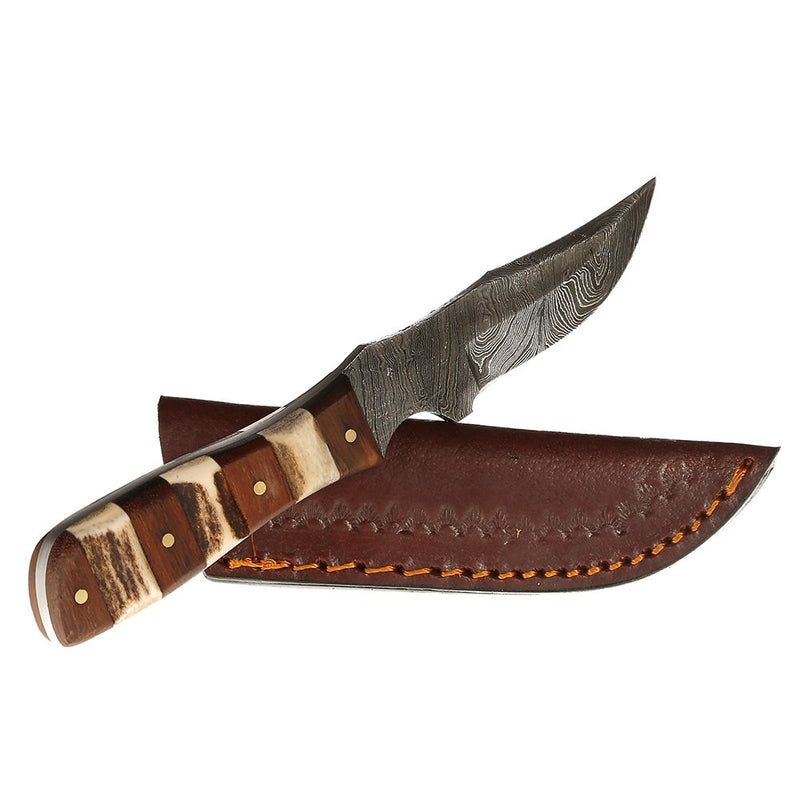 Western Fashion Damascus Mini Stag Wood Handle Knife w/Sheath