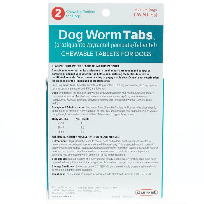 Durvet Dog Worm Chewable Tabs 26-60Lb 2ct