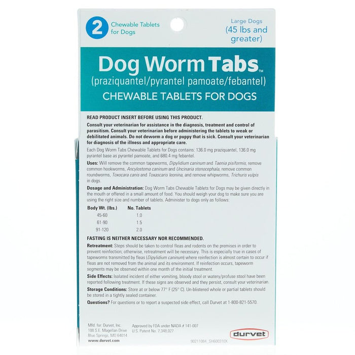 Durvet Dog Worm Chewable Tabs 45lb and Up 2ct