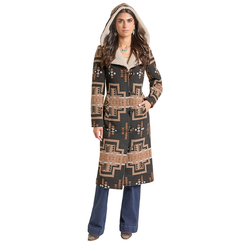Panhandle Women's Black Aztec Hooded Long Coat