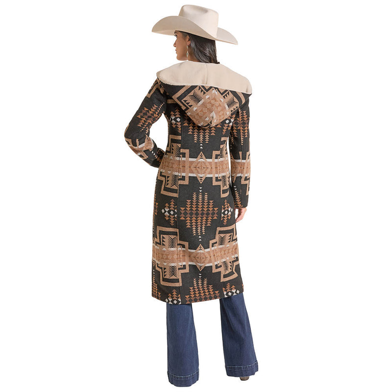 Panhandle Women's Black Aztec Hooded Long Coat