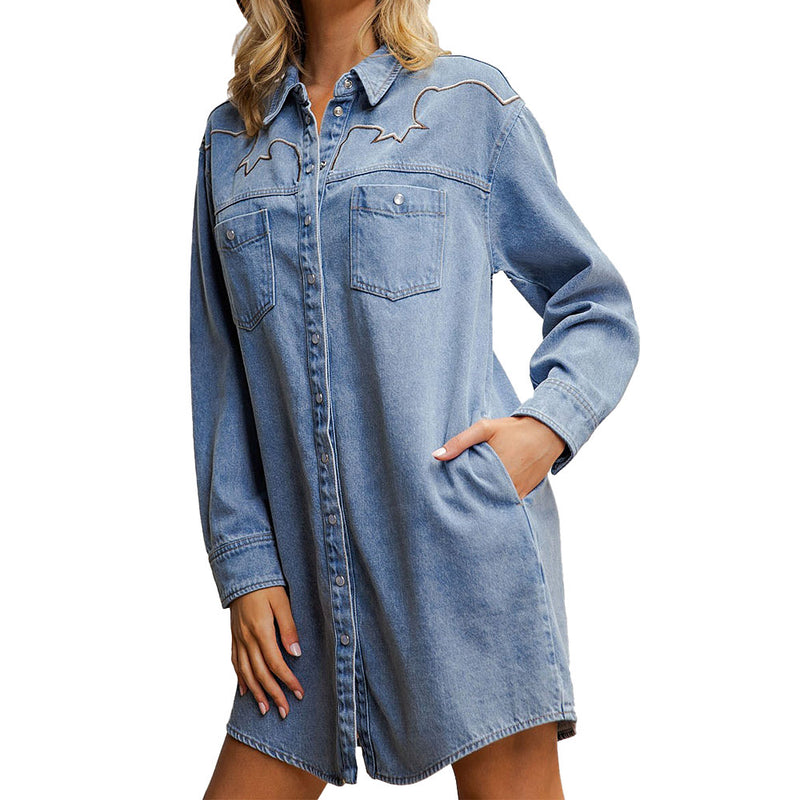 Ee Some Women's Denim Embroidered Yoke Mini Dress