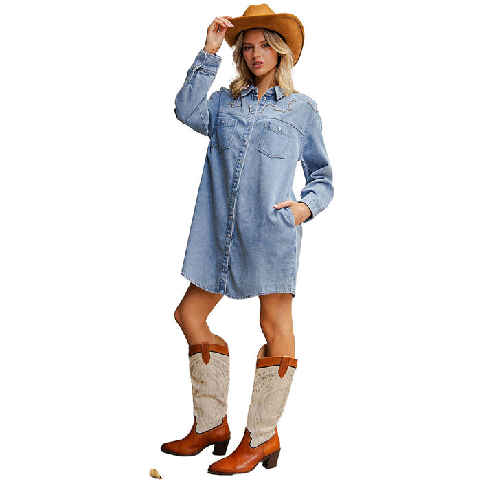 Ee Some Women's Denim Embroidered Yoke Mini Dress