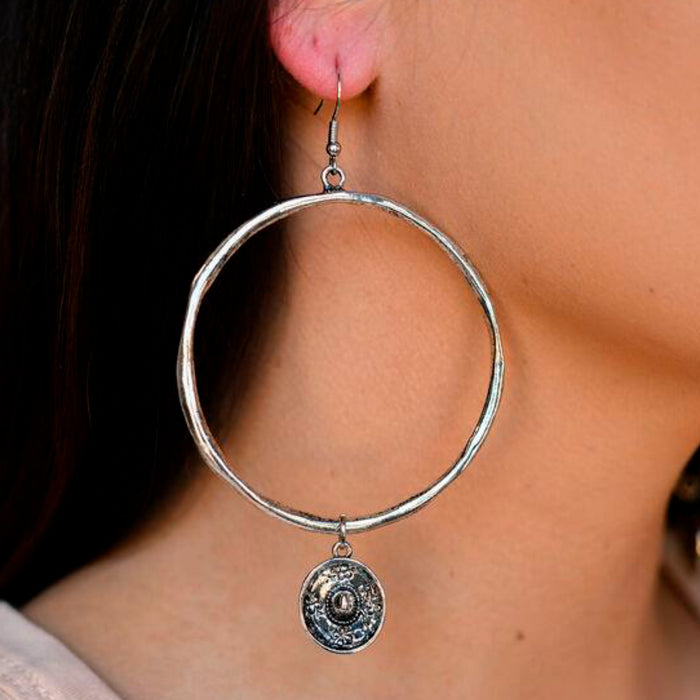 West And Company & Silver Hammered Hoop with Sombrero Charm Earrings